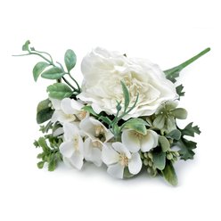 Kytice s velkou růží a malými květy bílé